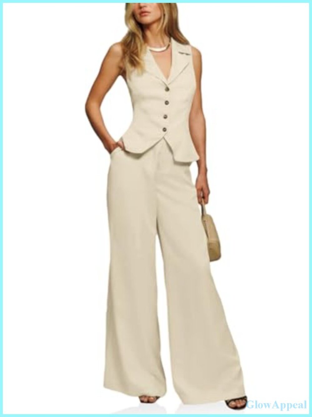 Womens Vest Set Button Crop Blazer Vest Wide Leg Pant Suit 2 Piece